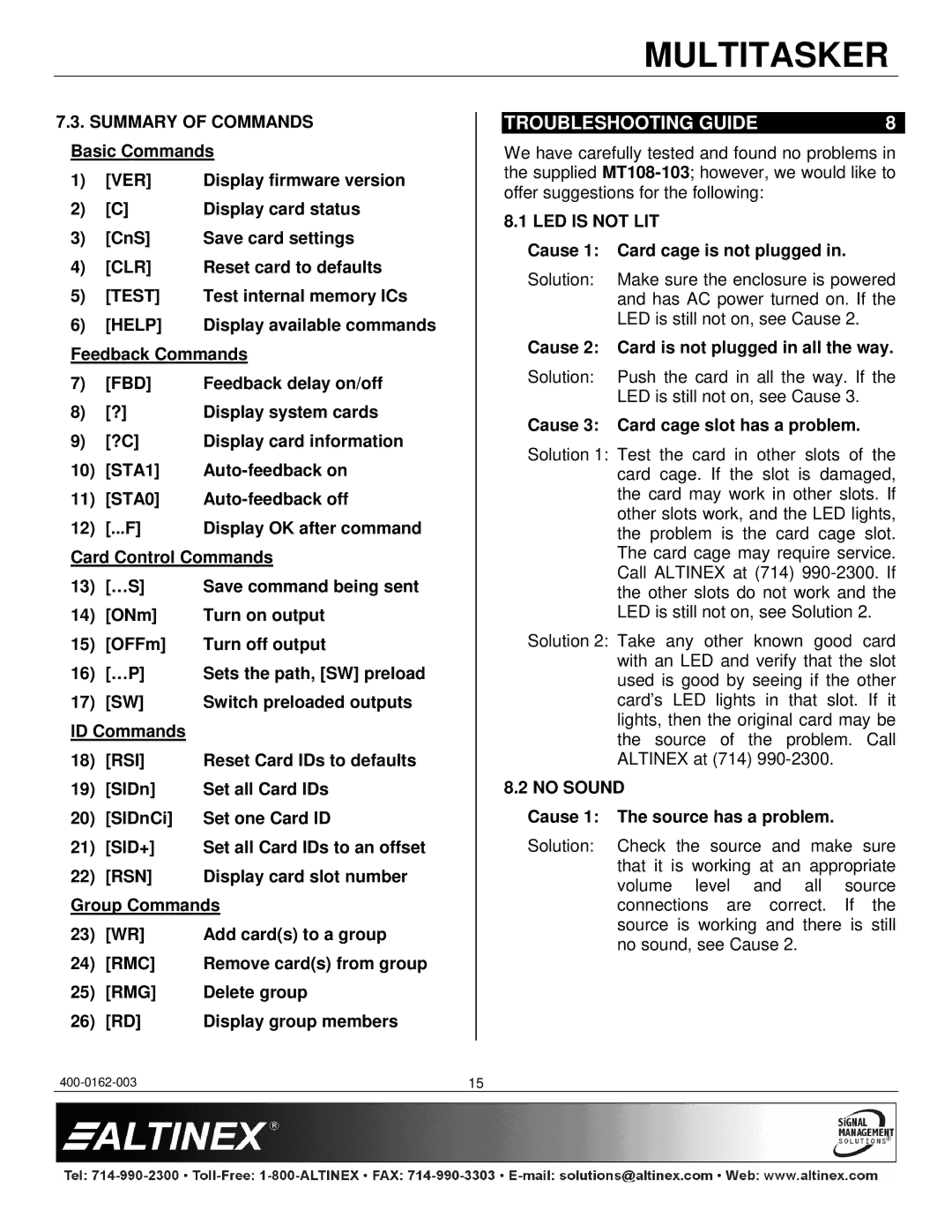 Altinex MT108-103 manual Troubleshooting Guide 