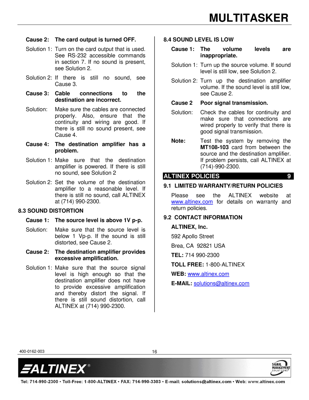 Altinex MT108-103 manual Altinex Policies, Sound Distortion, Sound Level is LOW, Limited WARRANTY/RETURN Policies 