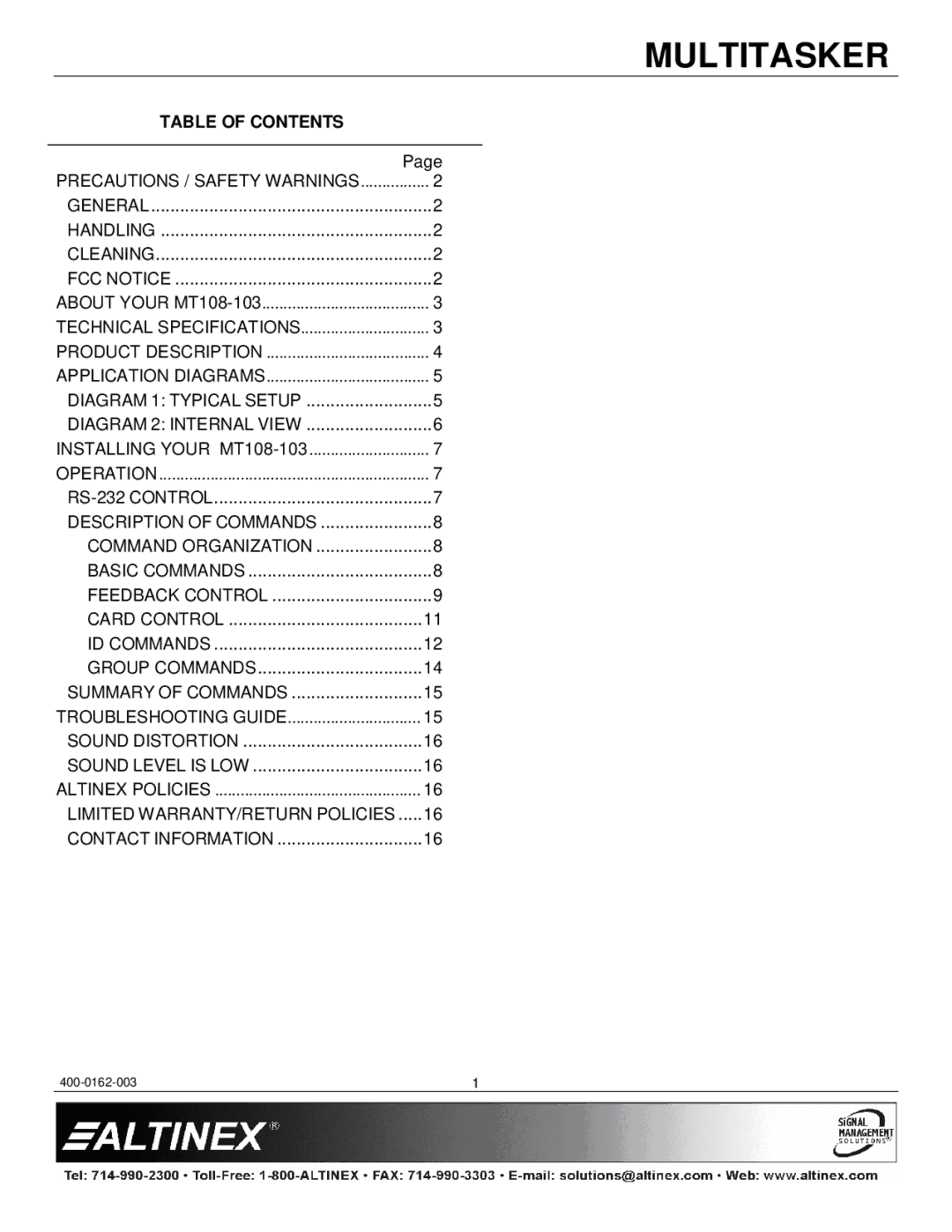 Altinex MT108-103 manual Table of Contents 