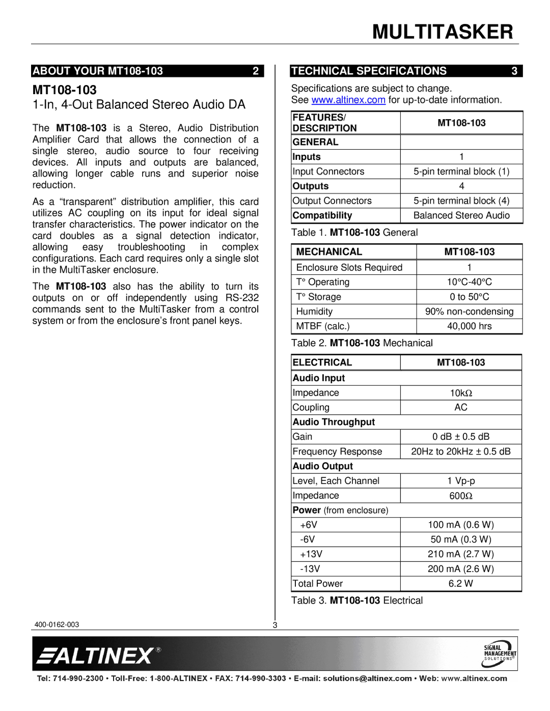 Altinex manual About Your MT108-103, Technical Specifications, Mechanical 