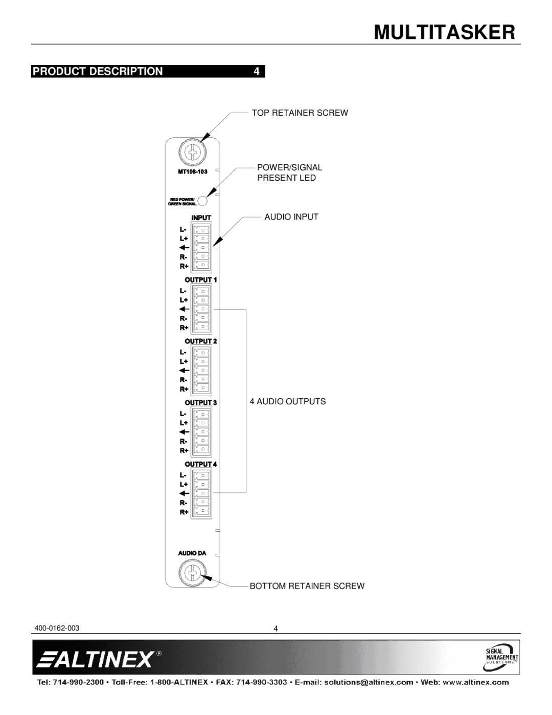 Altinex MT108-103 manual Product Description 