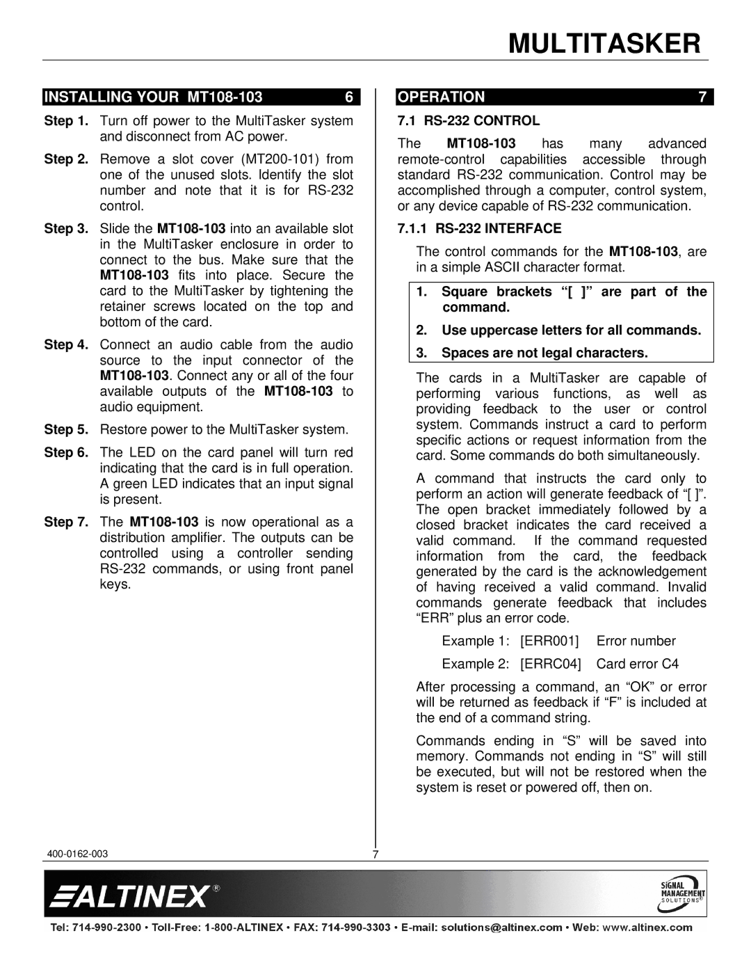 Altinex manual Installing Your MT108-103, Operation, RS-232 Control, 1 RS-232 Interface 