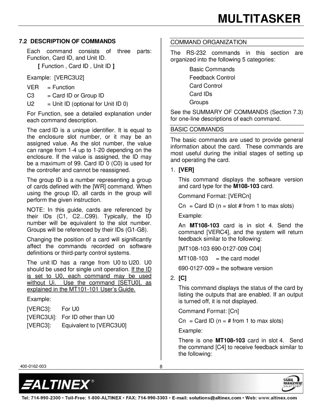 Altinex MT108-103 manual Description of Commands, Command Organization, Basic Commands, Ver 