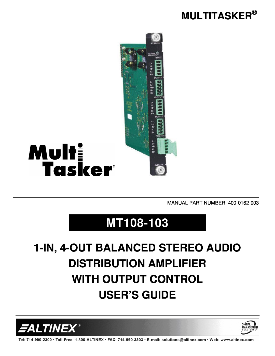 Altinex MT108-103 manual Multitasker, 1-IN, 4-OUTBALANCED STEREO AUDIO, Distribution Amplifier With Output Control 