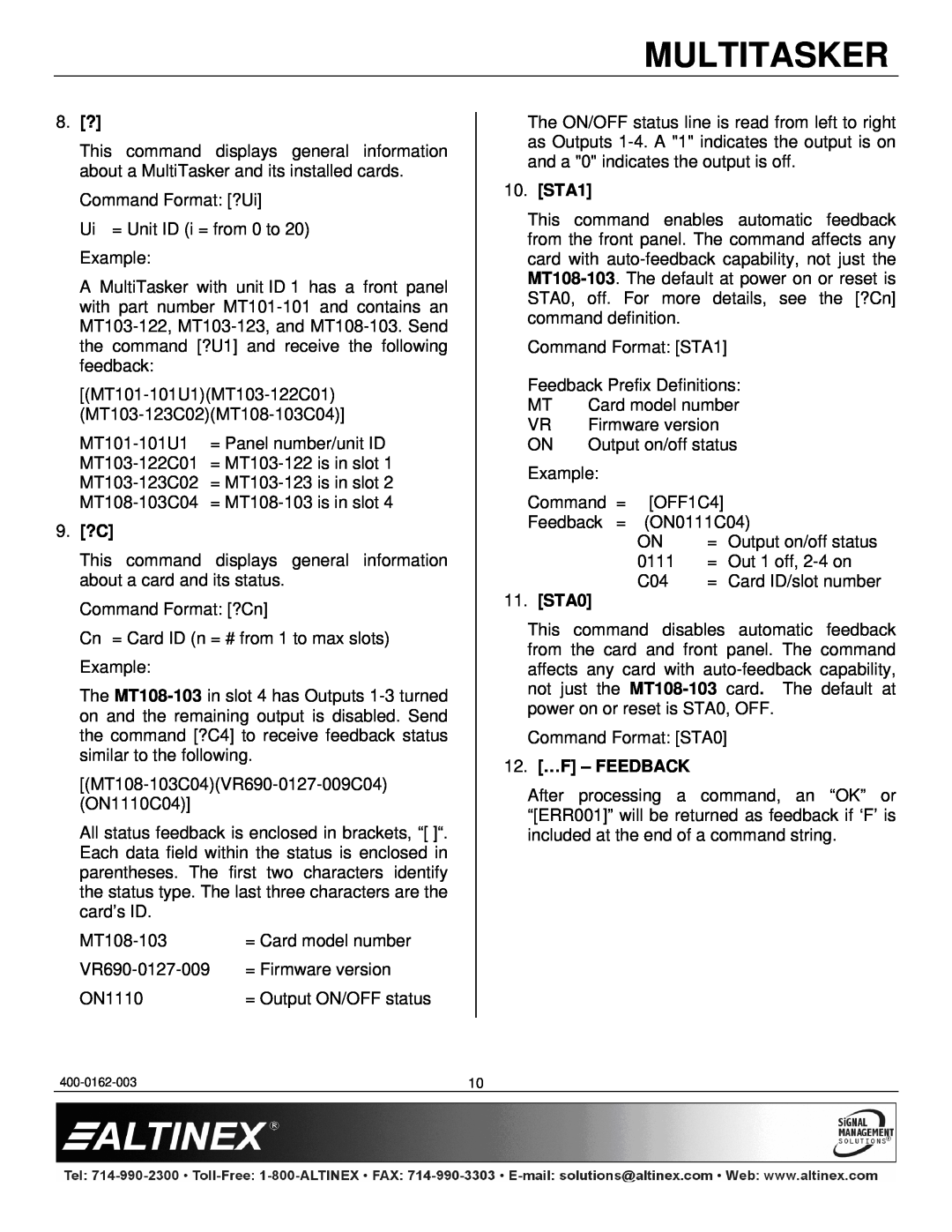 Altinex MT108-103 manual Multitasker, 9.?C, 10.STA1, 11.STA0, 12.…F - FEEDBACK 