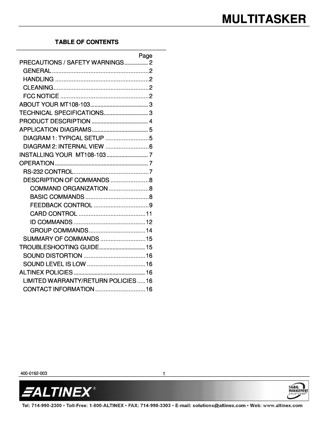 Altinex MT108-103 manual Multitasker, Table Of Contents 