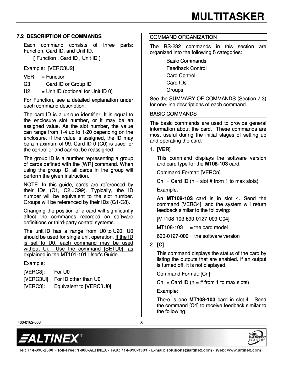 Altinex MT108-103 manual Multitasker, Description Of Commands, 1.VER 