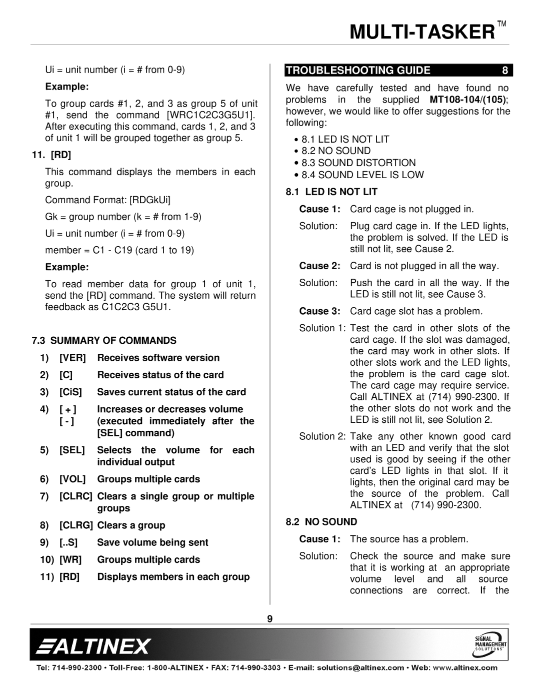 Altinex MT108-104, MT108-105 manual Troubleshooting Guide, 11. RD, Summary of Commands, LED is not LIT, No Sound 