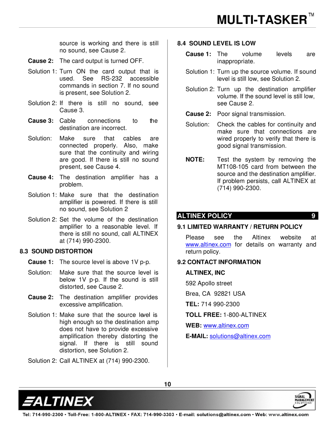 Altinex MT108-105, MT108-104 manual Altinex Policy, Cause 3 Cable, Sound Distortion, Sound Level is LOW, Cause 1 