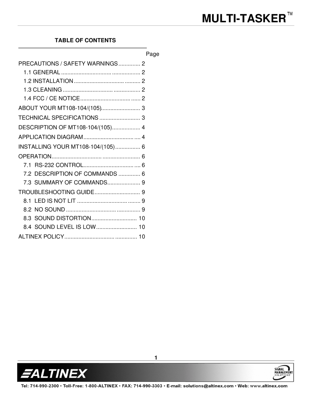 Altinex MT108-104, MT108-105 manual Table of Contents 