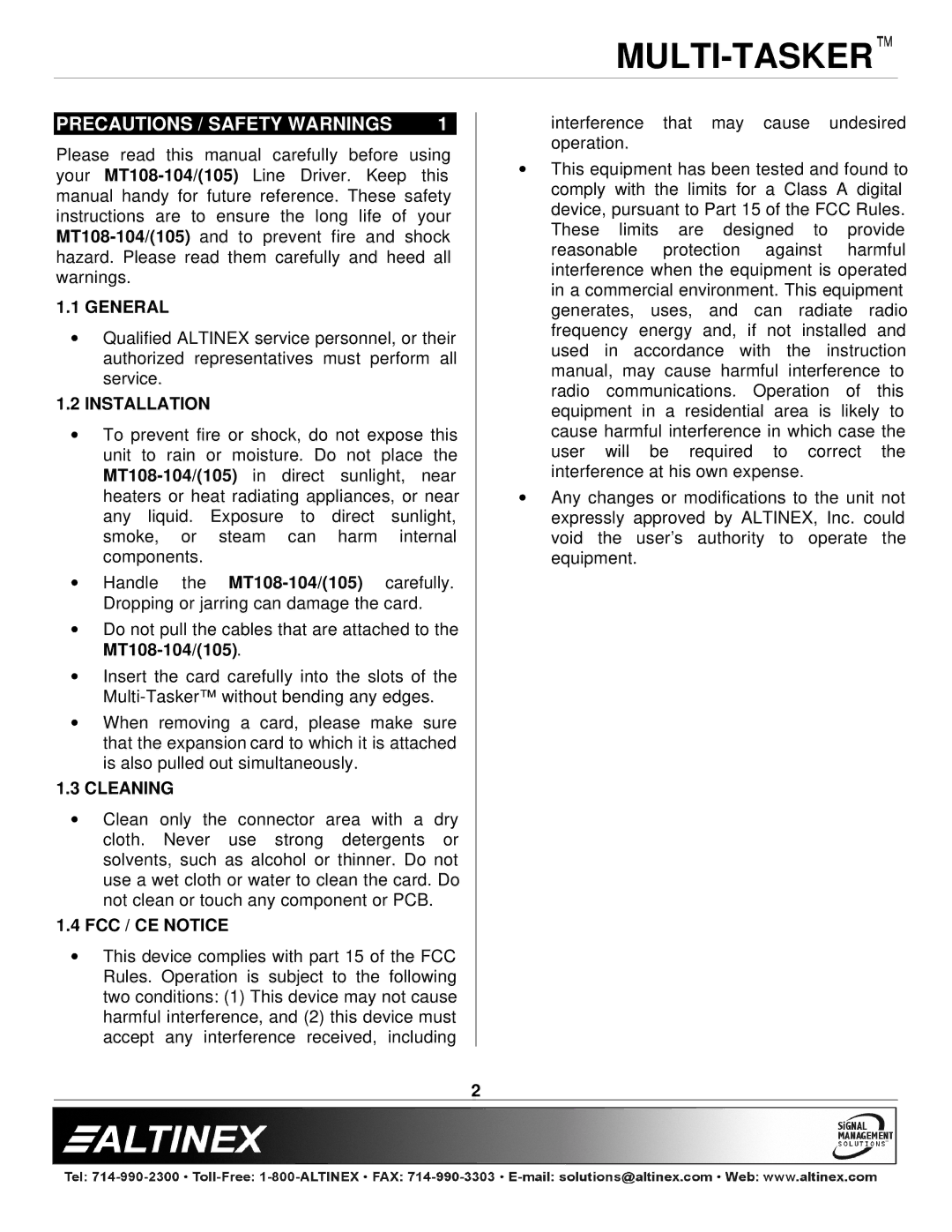 Altinex MT108-105, MT108-104 manual Precautions / Safety Warnings, General, Installation, Cleaning, FCC / CE Notice 