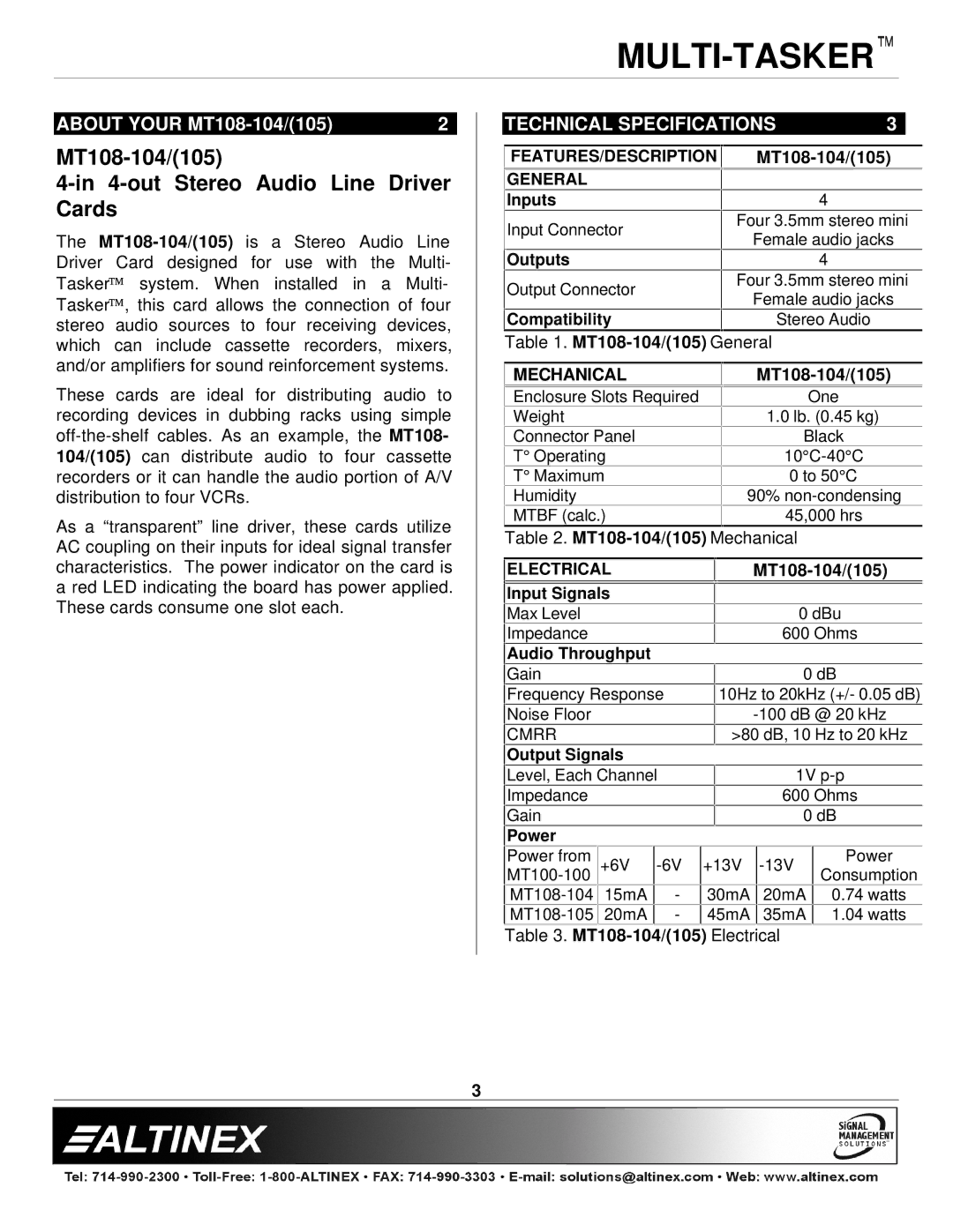 Altinex MT108-105 manual Technical Specifications, MT108-104/105, Mechanical 