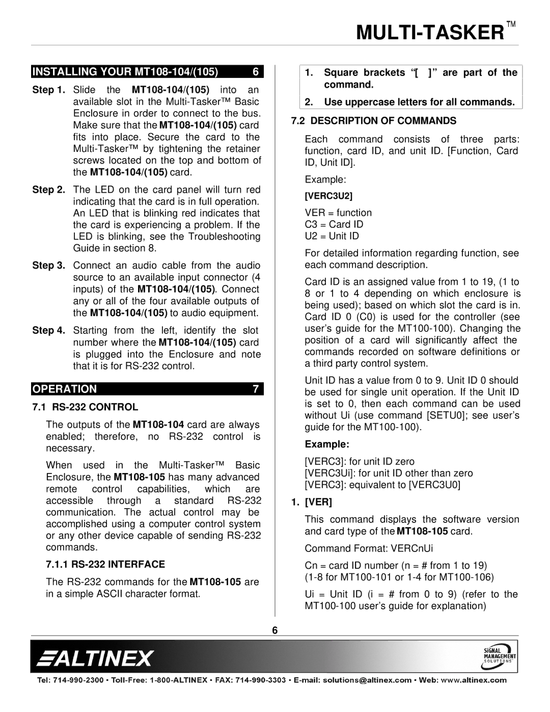 Altinex MT108-105 manual Installing Your MT108-104/105, Operation, Description of Commands 