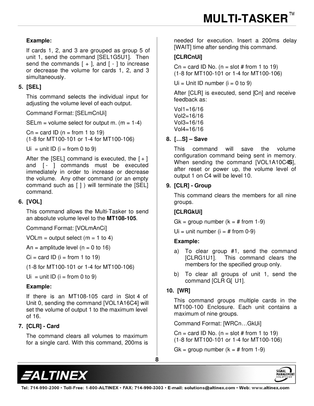 Altinex MT108-105, MT108-104 manual Sel, Vol, CLR Card, CLRCnUi, …S Save, CLR Group, CLRGkUi, 10. WR 