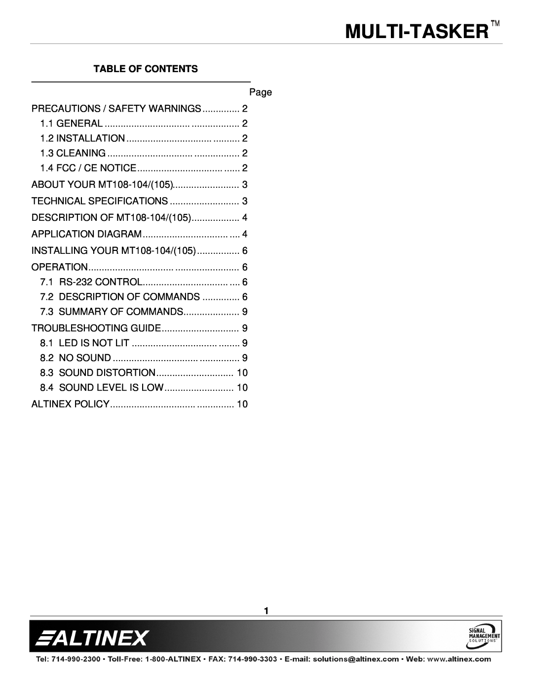Altinex MT108-104, MT108-105 manual Table Of Contents, Multi-Tasker 
