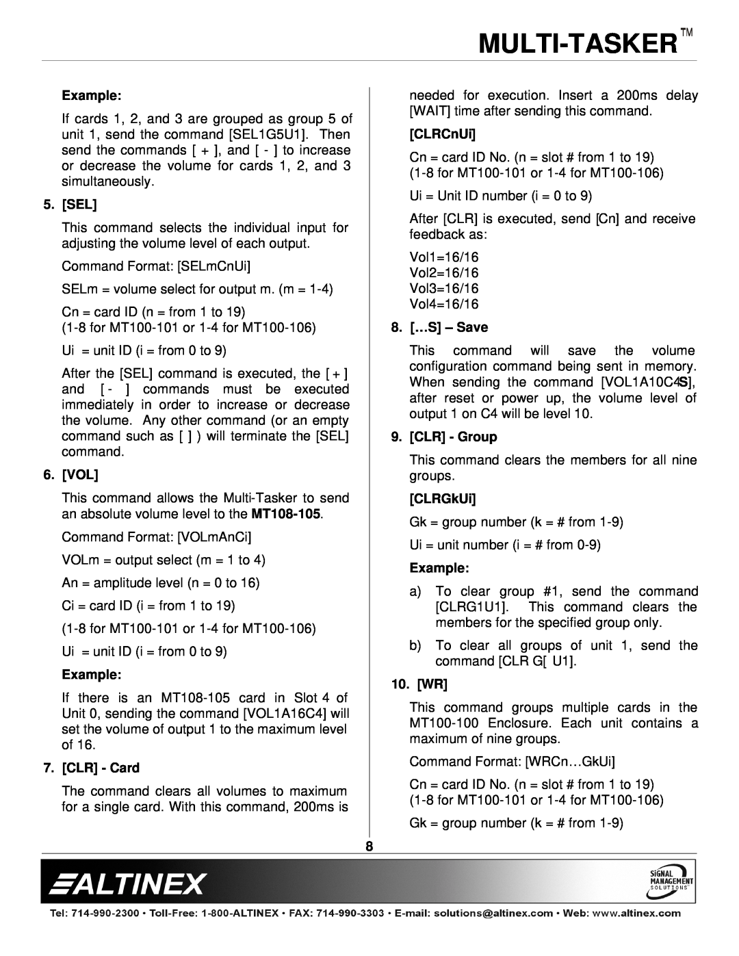 Altinex MT108-105 manual Sel, Vol, CLR - Card, CLRCnUi, 8. …S - Save, CLR - Group, CLRGkUi, 10. WR, Multi-Tasker, Example 