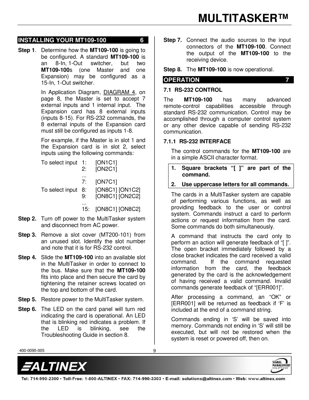 Altinex manual Installing Your MT109-100, Operation, RS-232 Control, 1 RS-232 Interface 