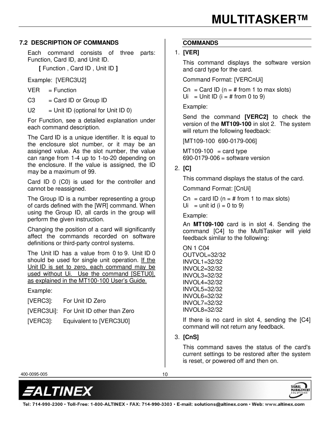 Altinex MT109-100 manual Description of Commands, Ver, CnS 