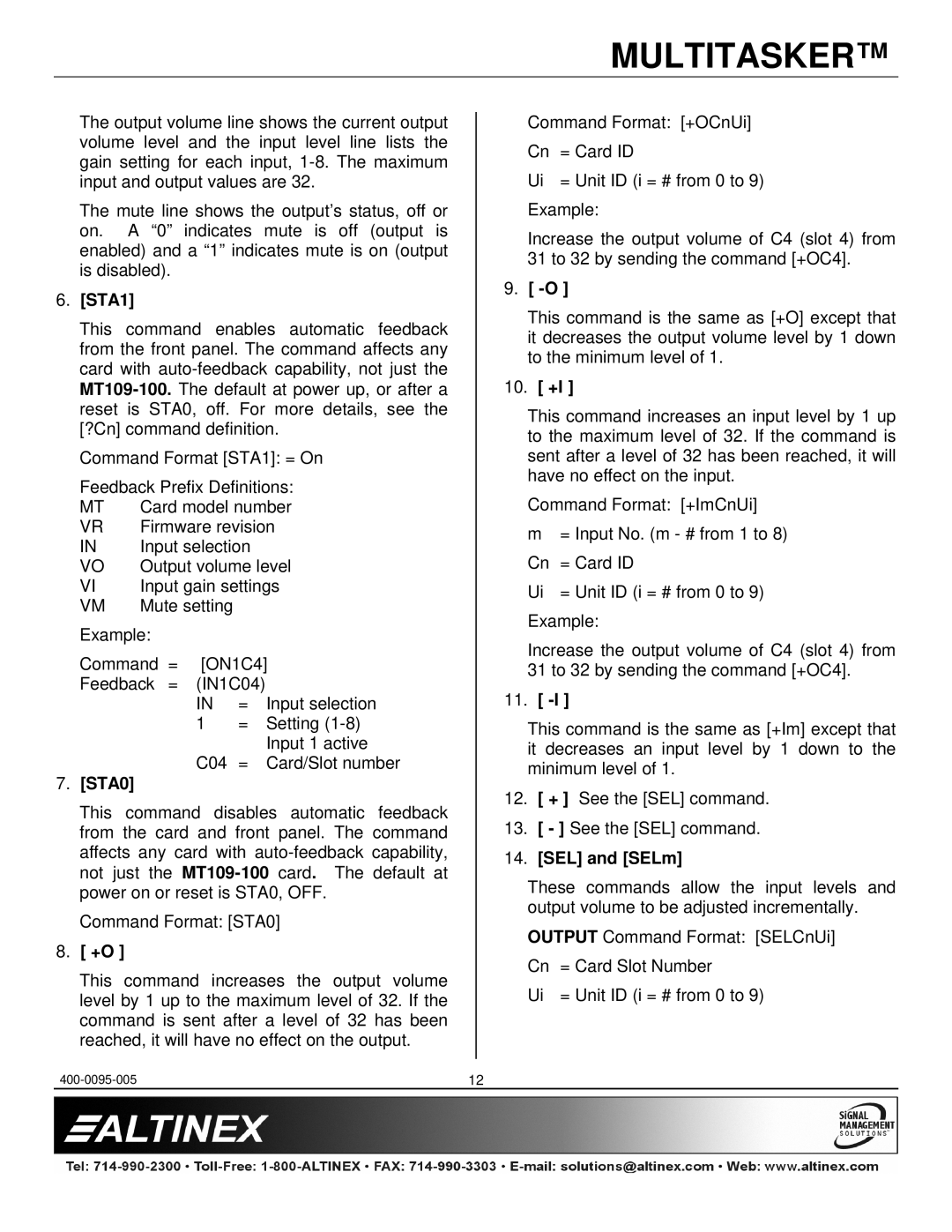 Altinex MT109-100 manual STA1, STA0, 10. +I, SEL and SELm 