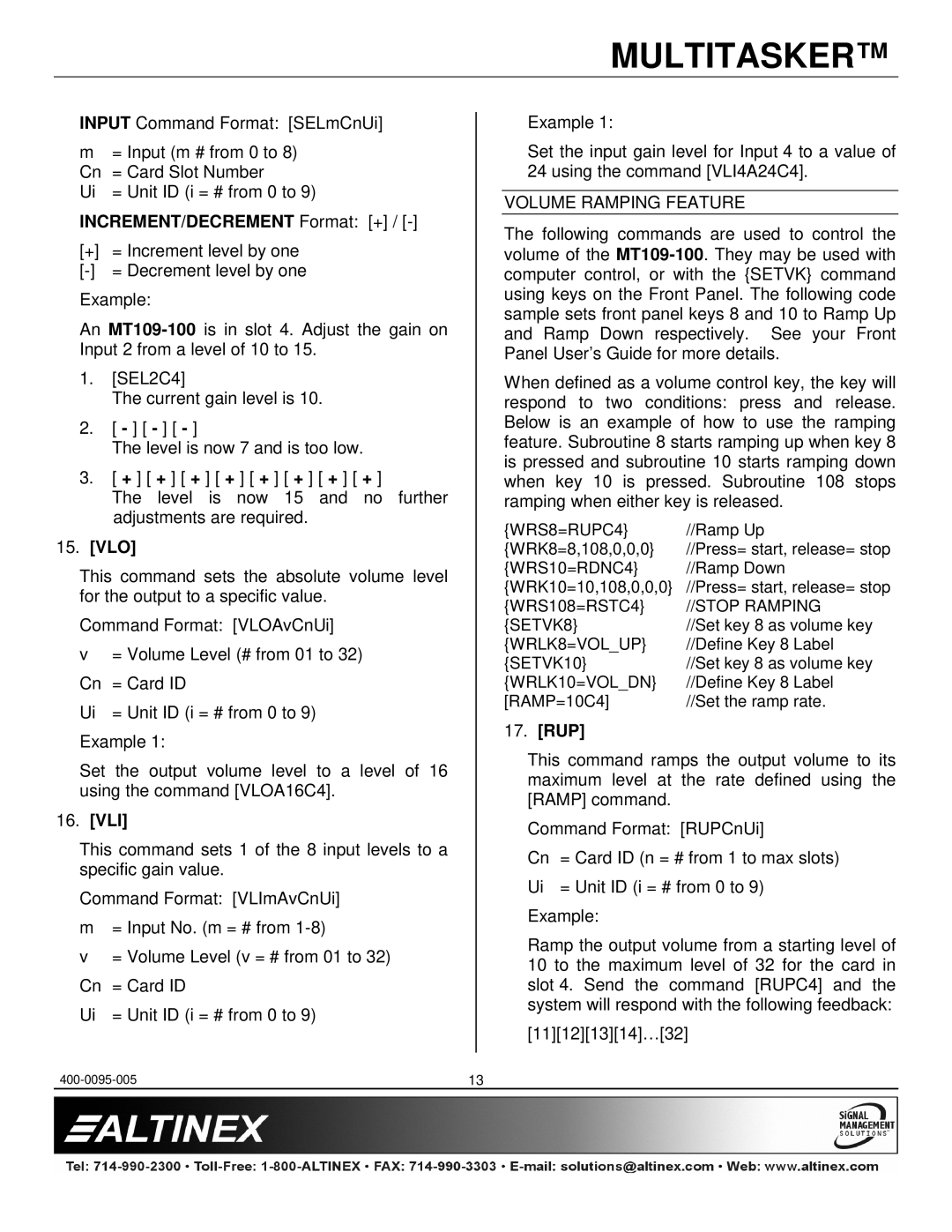 Altinex MT109-100 manual INCREMENT/DECREMENT Format +, Vlo, Vli, Volume Ramping Feature, Rup 