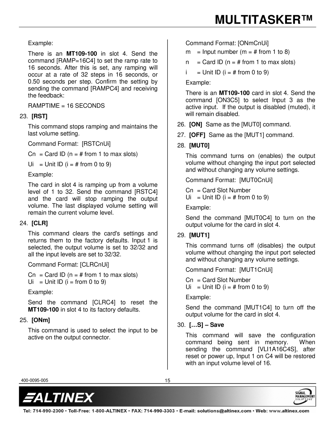 Altinex MT109-100 manual Rst, Clr, ONm, MUT0, MUT1, 30. …S Save 