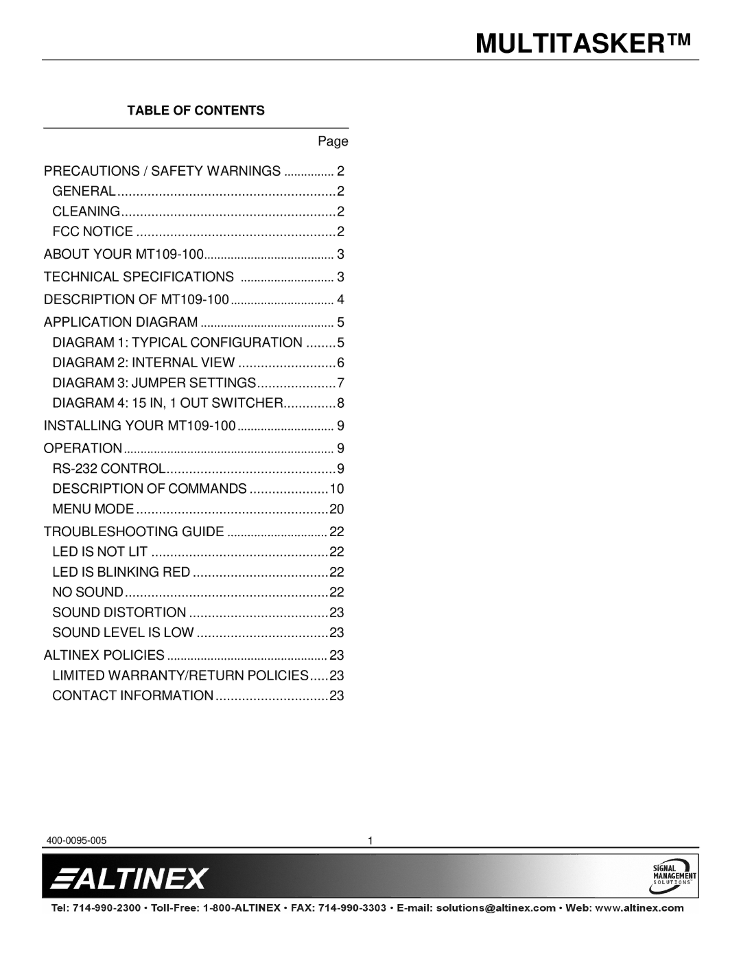 Altinex MT109-100 manual Table of Contents 