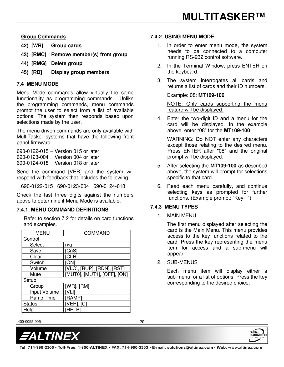 Altinex MT109-100 manual Menu Command Definitions, Using Menu Mode, Menu Types 