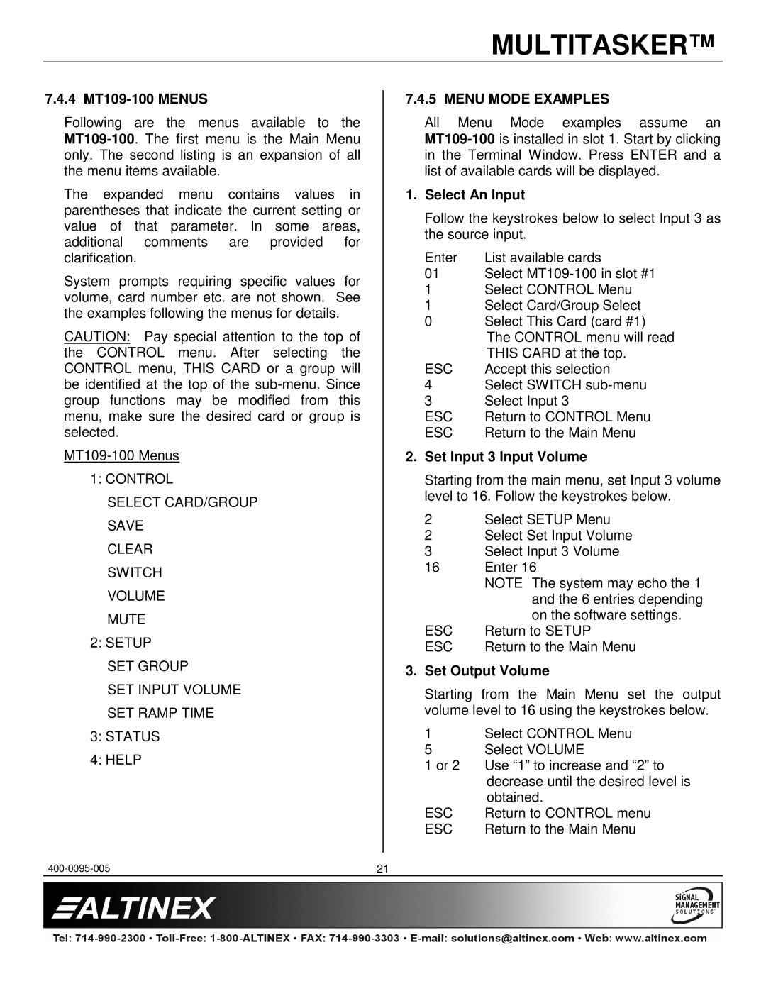 Altinex manual 4 MT109-100 Menus, Menu Mode Examples, Select An Input, Set Input 3 Input Volume, Set Output Volume 