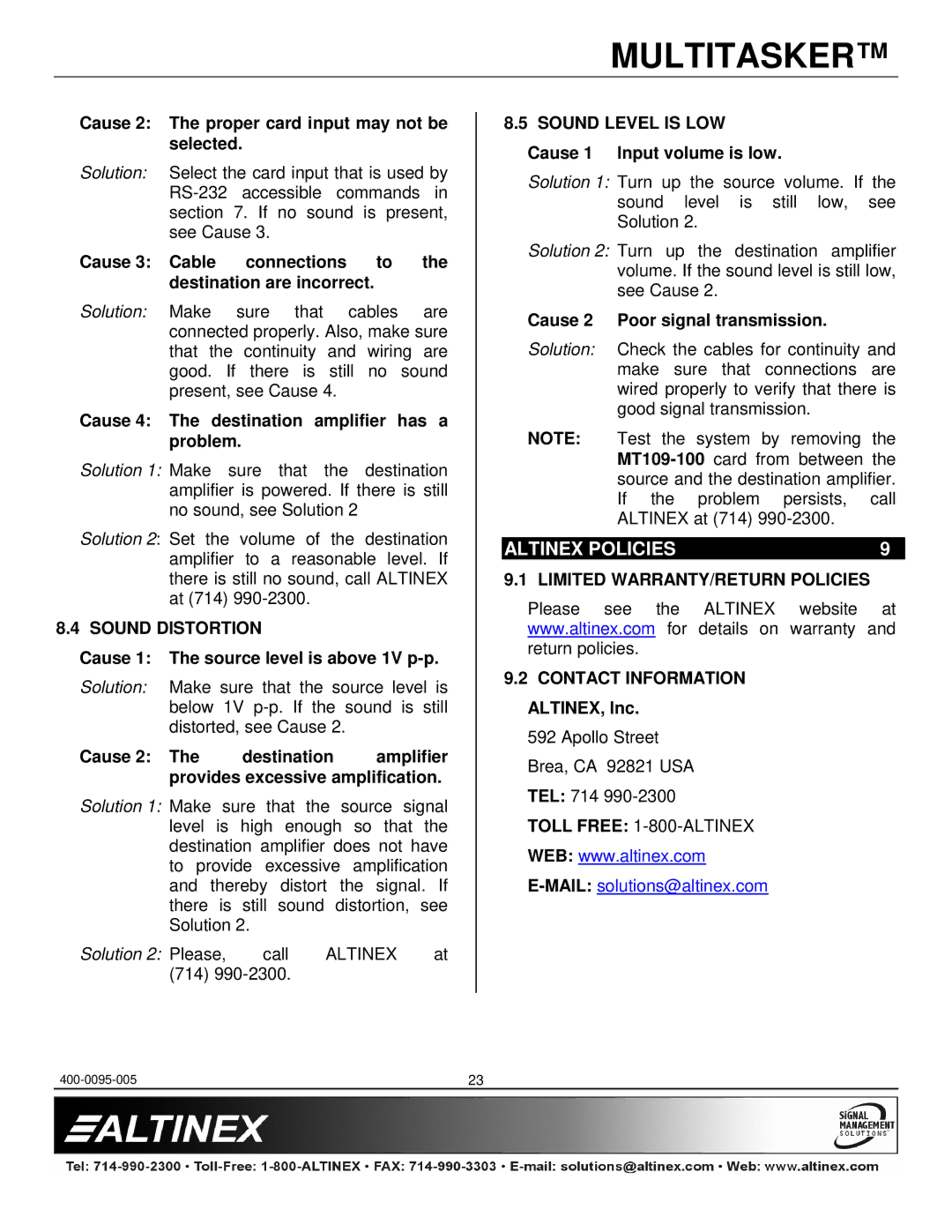 Altinex MT109-100 manual Altinex Policies, Sound Distortion, Limited WARRANTY/RETURN Policies 