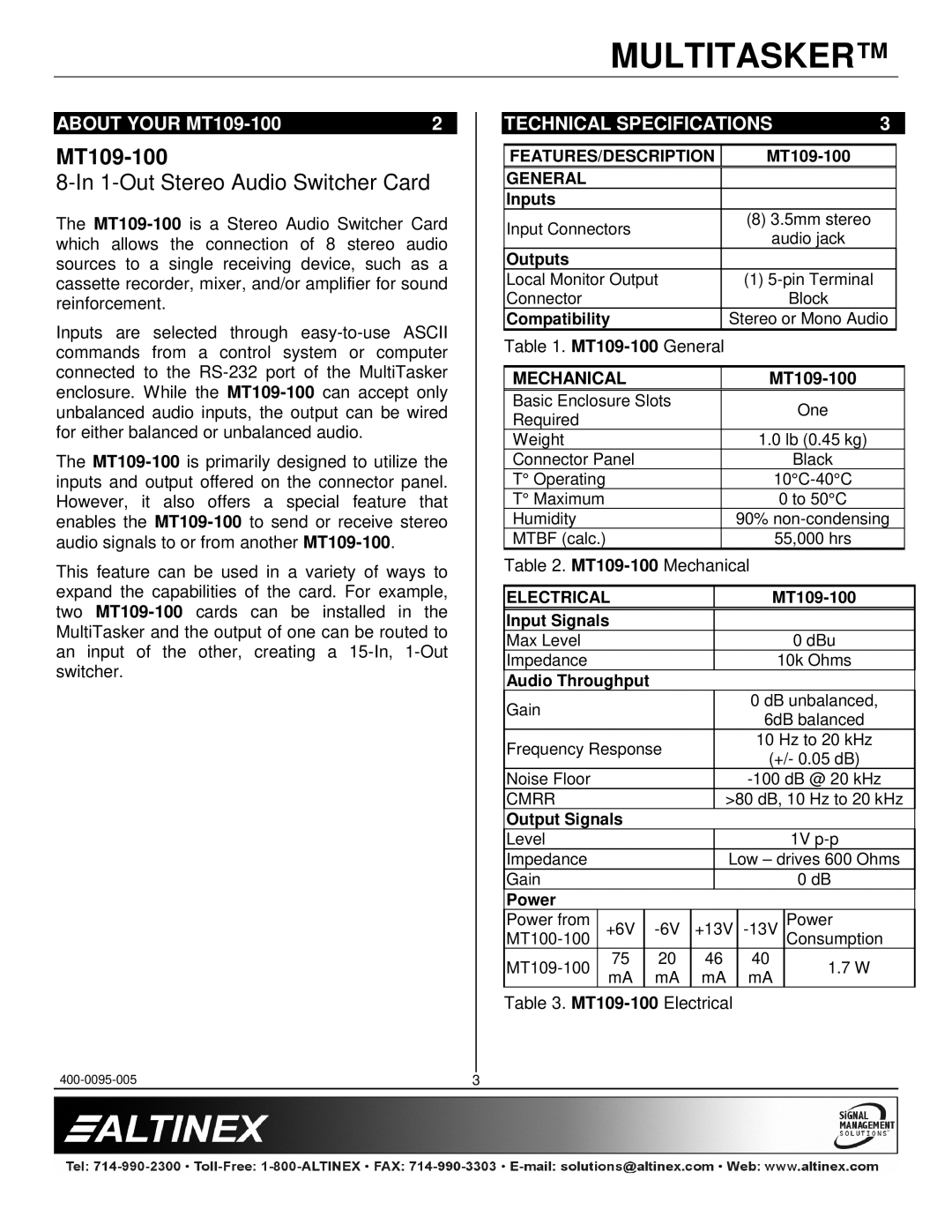 Altinex manual About Your MT109-100, Technical Specifications, Mechanical 