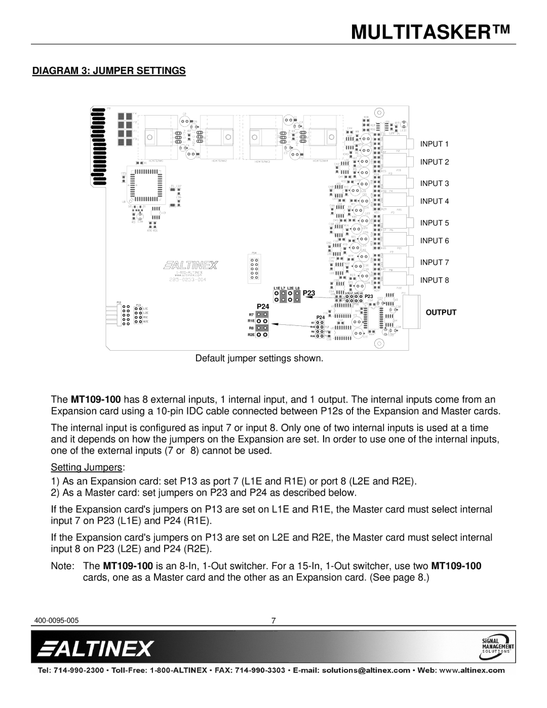 Altinex MT109-100 manual Diagram 3 Jumper Settings 