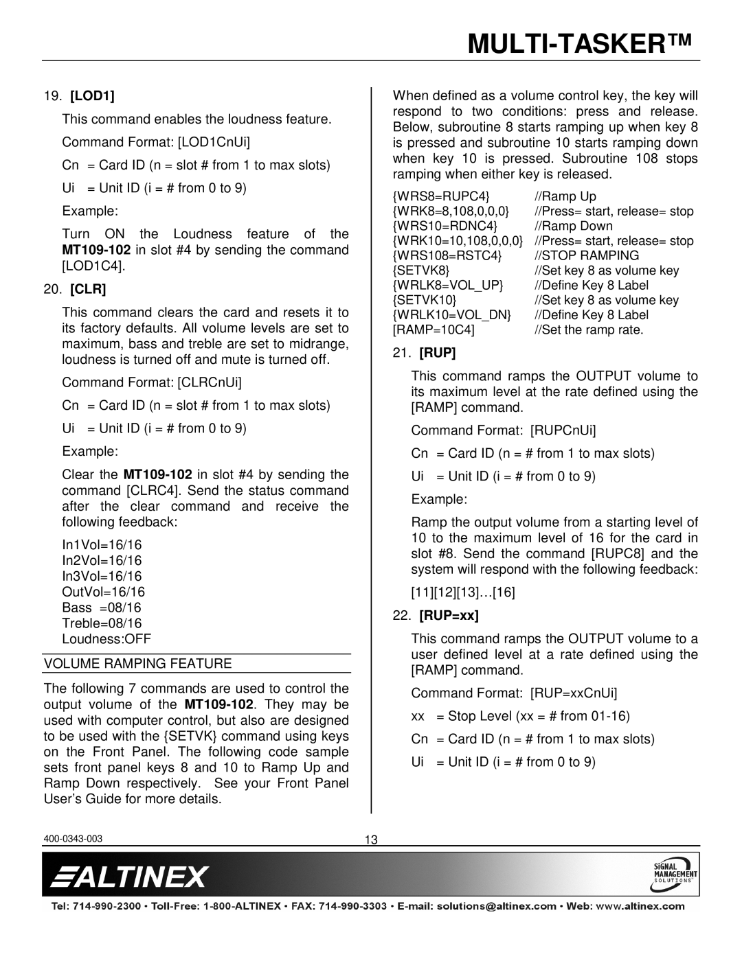 Altinex MT109-102 manual LOD1, Clr, Volume Ramping Feature, Rup, RUP=xx 