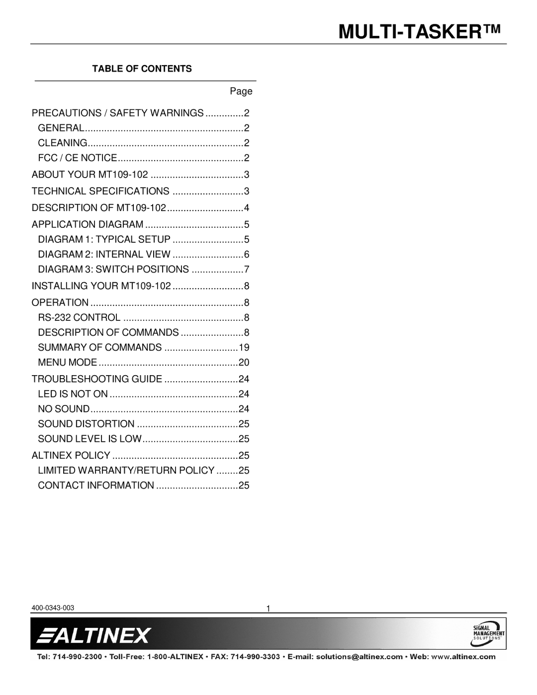 Altinex MT109-102 manual Troubleshooting Guide 