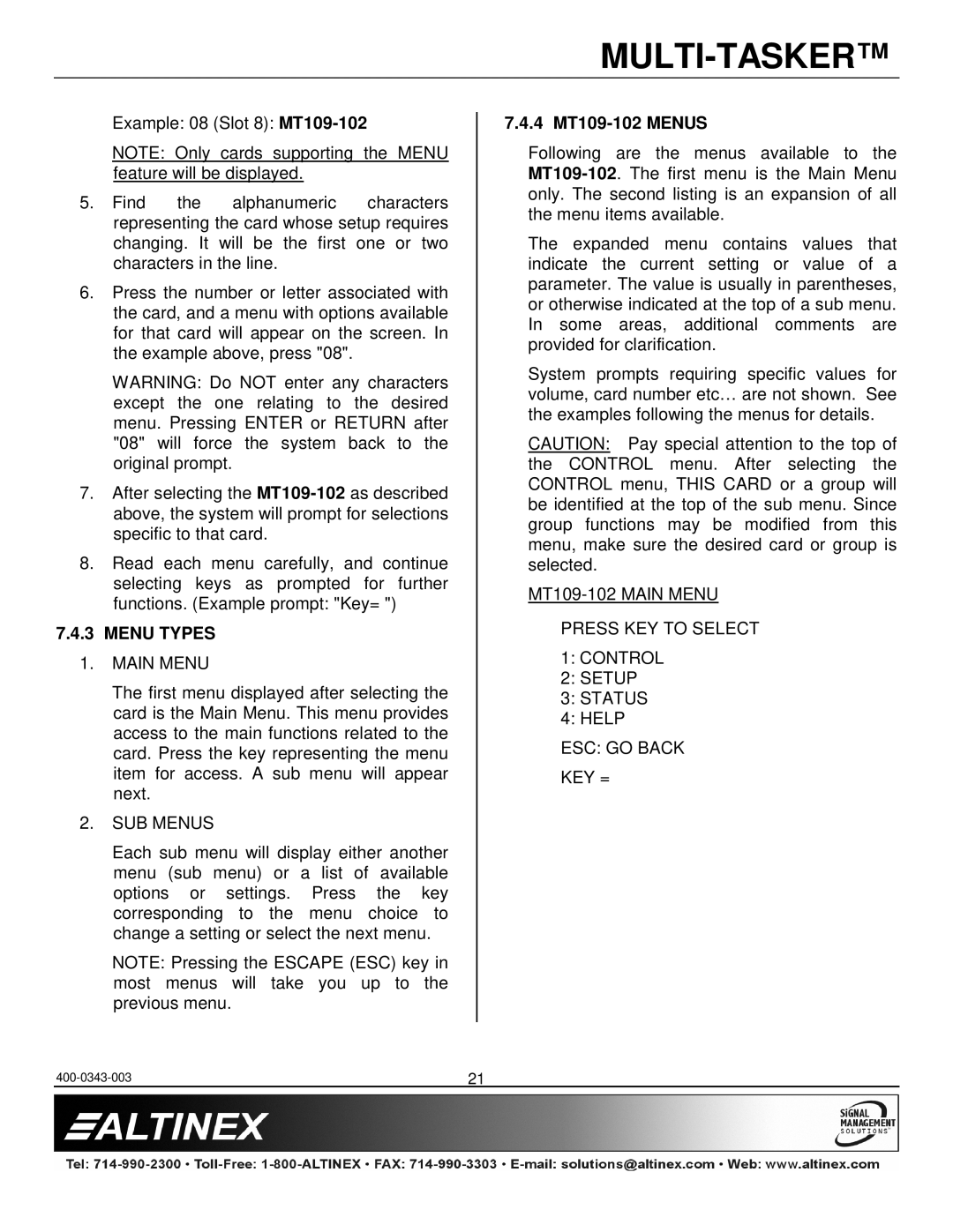 Altinex manual Menu Types, Main Menu, SUB Menus, 4 MT109-102 Menus 