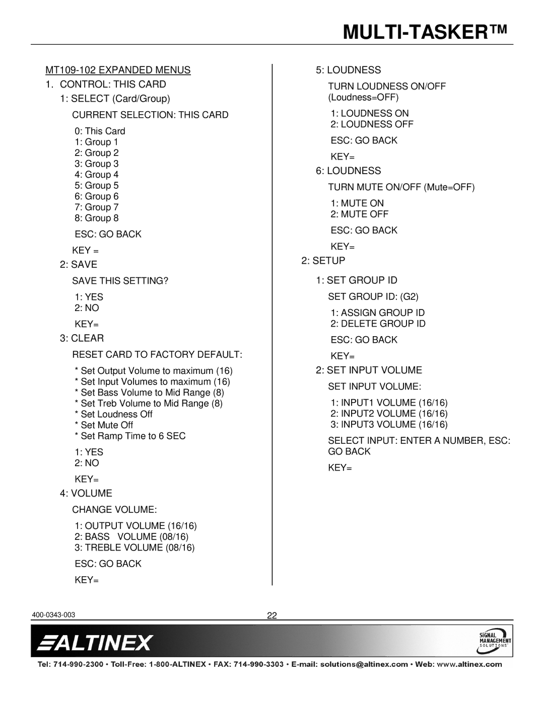 Altinex manual MT109-102 Expanded Menus Control this Card, Save, Clear, Volume, Loudness 