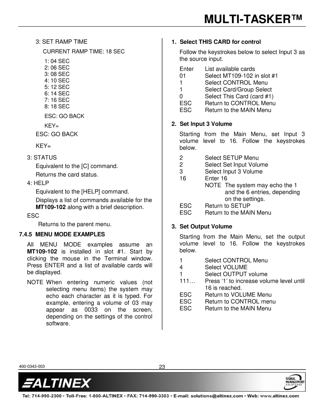 Altinex MT109-102 manual Menu Mode Examples, Select this Card for control, Set Input 3 Volume, Set Output Volume 