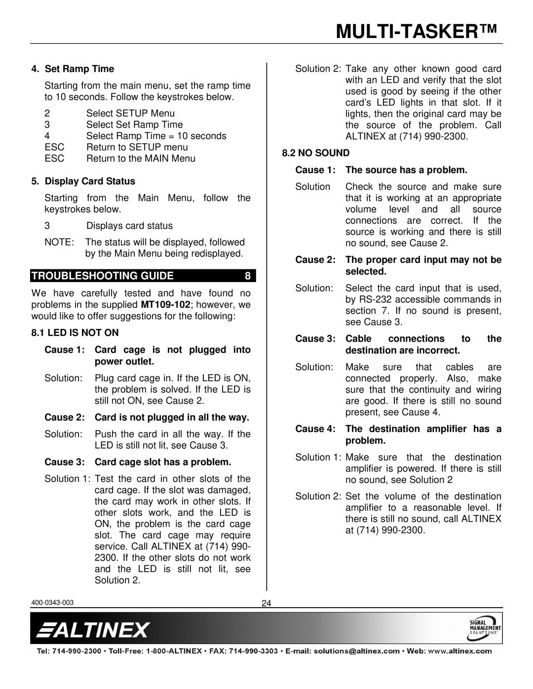 Altinex MT109-102 manual Troubleshooting Guide, LED is not on, No Sound 