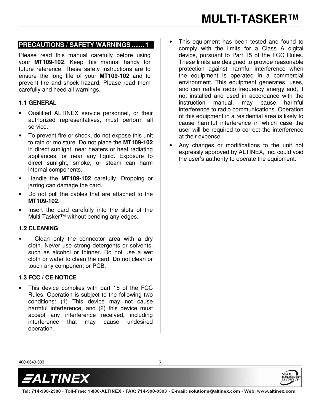 Altinex MT109-102 manual Precautions / Safety Warnings, General, Cleaning, FCC / CE Notice 