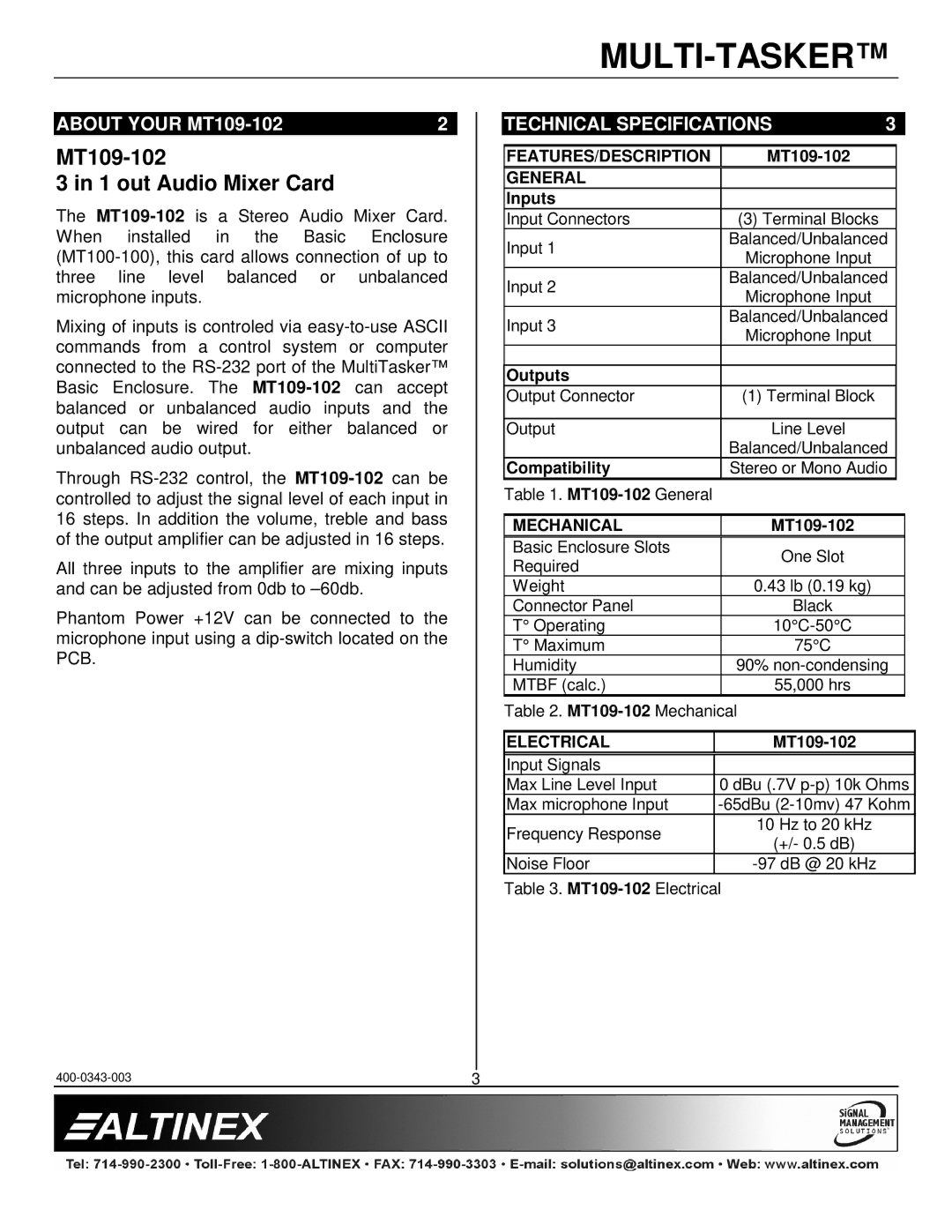 Altinex manual About Your MT109-102, Technical Specifications 