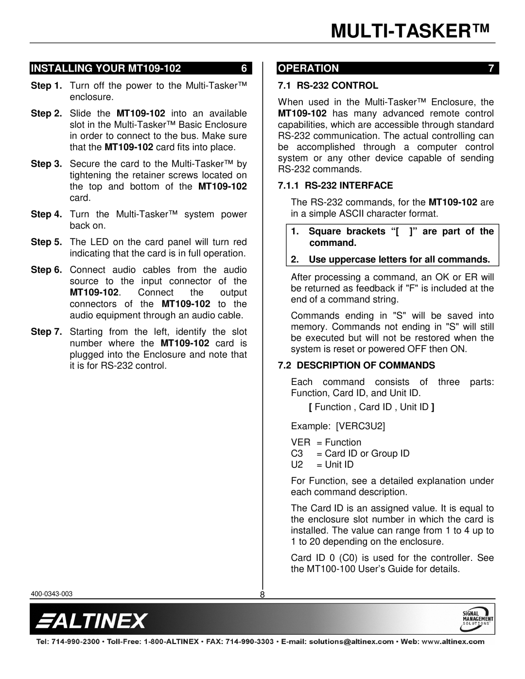 Altinex manual Installing Your MT109-102, Operation, RS-232 Control, 1 RS-232 Interface, Description of Commands 