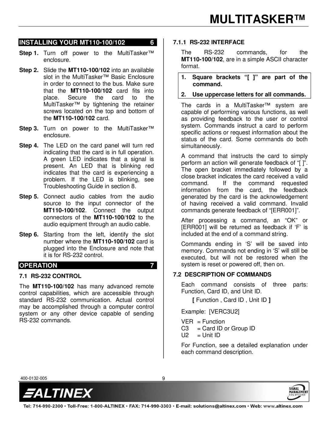 Altinex manual Installing Your MT110-100/102, Operation, RS-232 Control, 1 RS-232 Interface, Description of Commands 