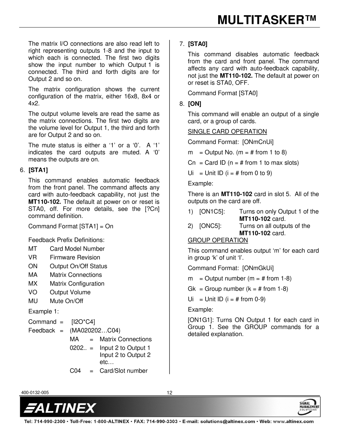 Altinex MT110-100/102 manual STA1, STA0, MT110-102 card, Group Operation 