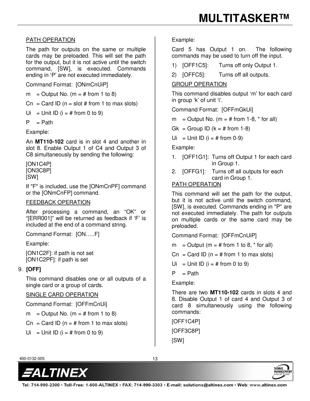 Altinex MT110-100/102 manual Path Operation, Feedback Operation, Off, Single Card Operation, OFF1C4P OFF3C8P 