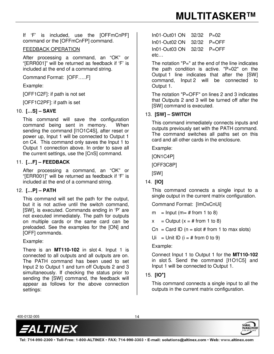 Altinex MT110-100/102 manual 10. …S Save, 11. …F Feedback, 12. …P Path, SW Switch, 14. IO, 15. IO 