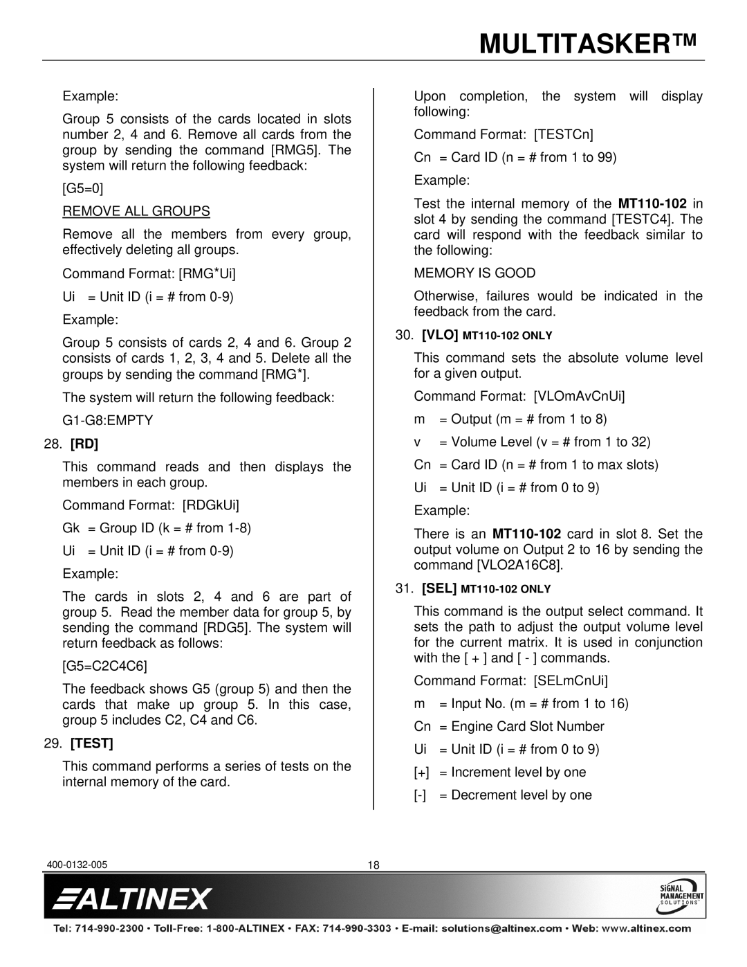 Altinex MT110-100/102 manual Remove ALL Groups, G1-G8EMPTY, 28. RD, Test, Memory is Good 