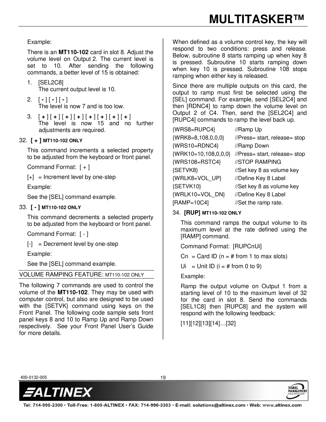Altinex MT110-100/102 manual Volume Ramping Feature MT110-102 only 