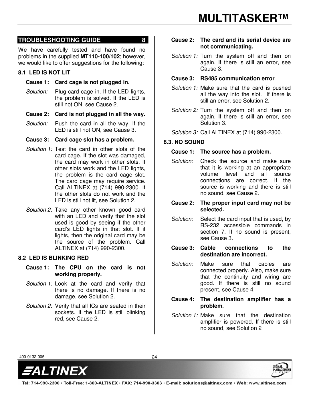 Altinex MT110-100/102 manual Troubleshooting Guide, LED is not LIT, LED is Blinking RED, No Sound 