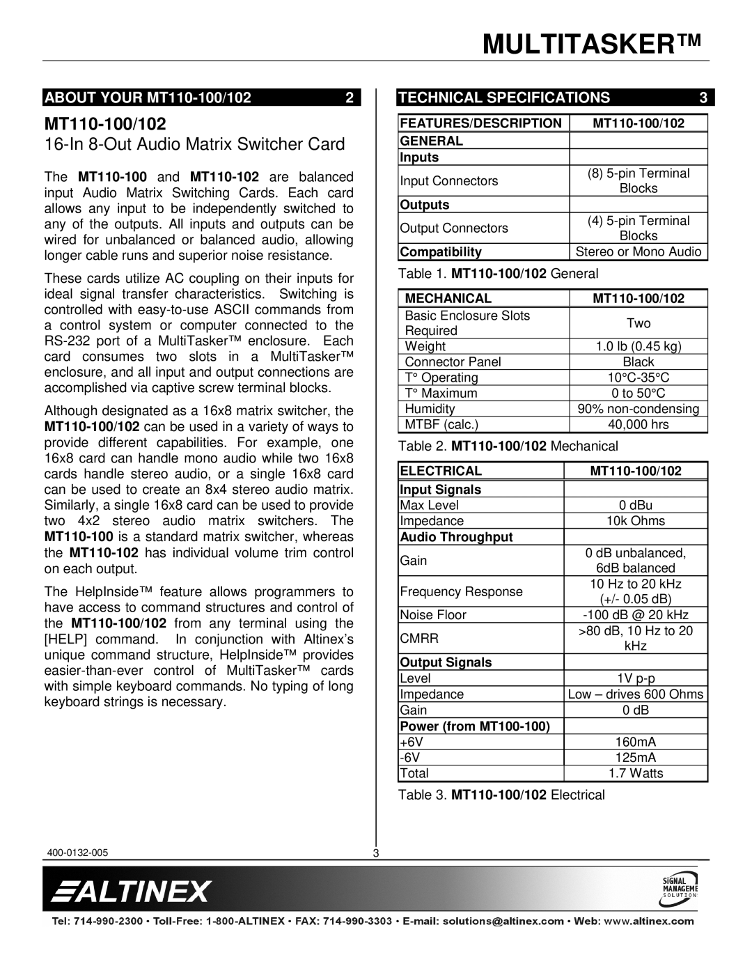 Altinex MT110-100/102 manual Technical Specifications 