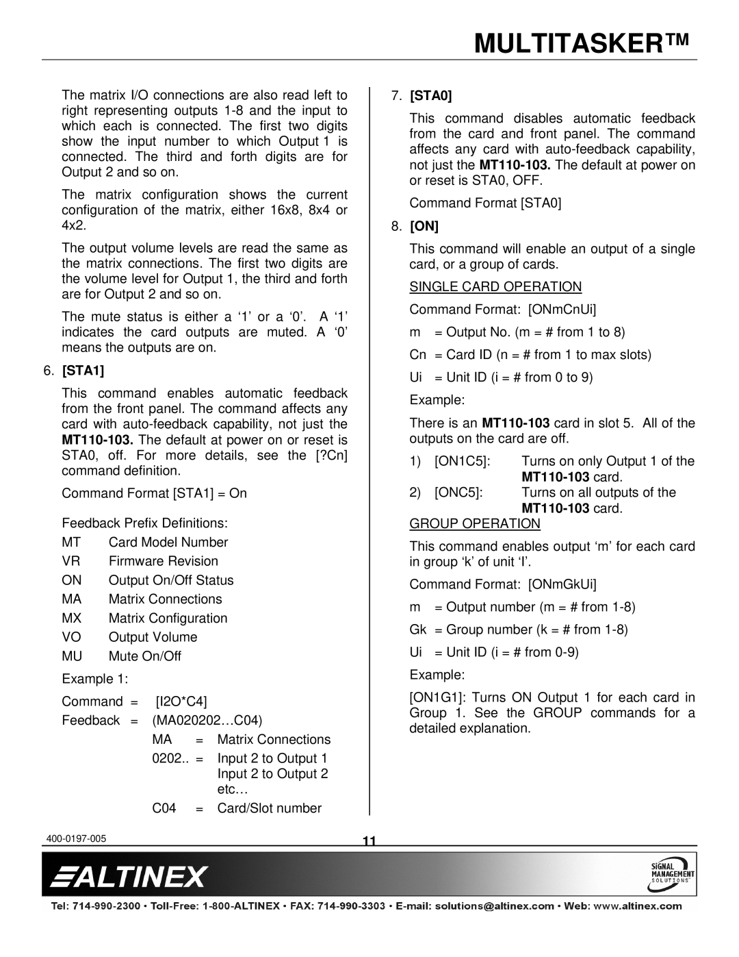 Altinex MT110-101 manual STA1, STA0, MT110-103 card, Group Operation 