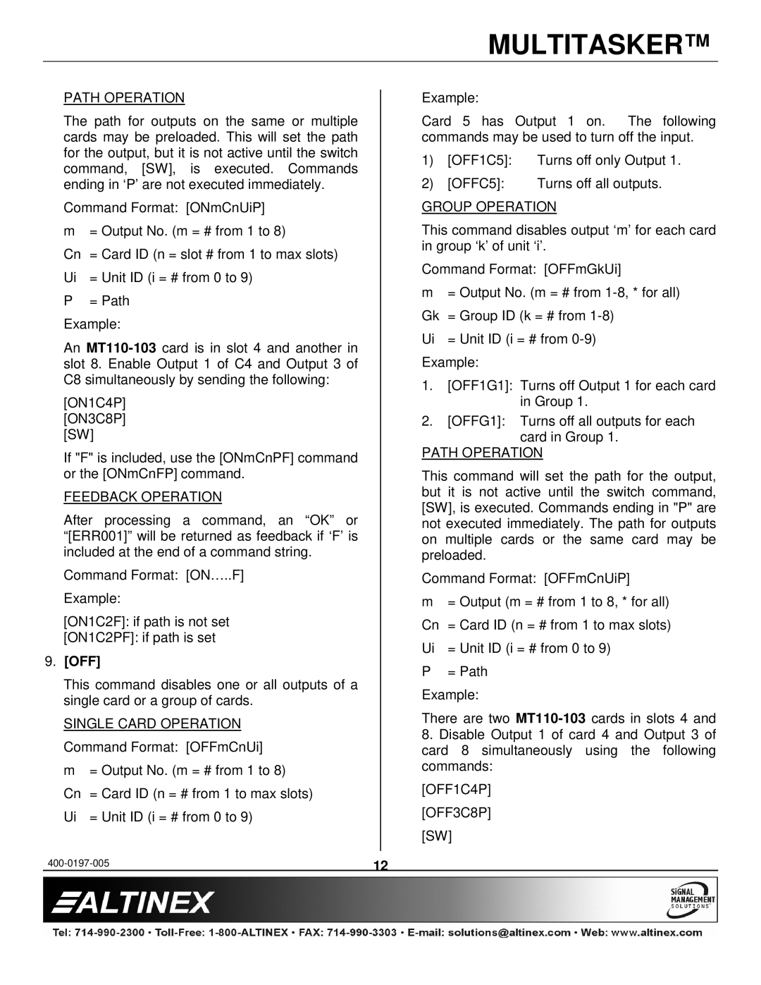 Altinex MT110-101 manual Path Operation, Feedback Operation, Off, Single Card Operation, OFF1C4P OFF3C8P 